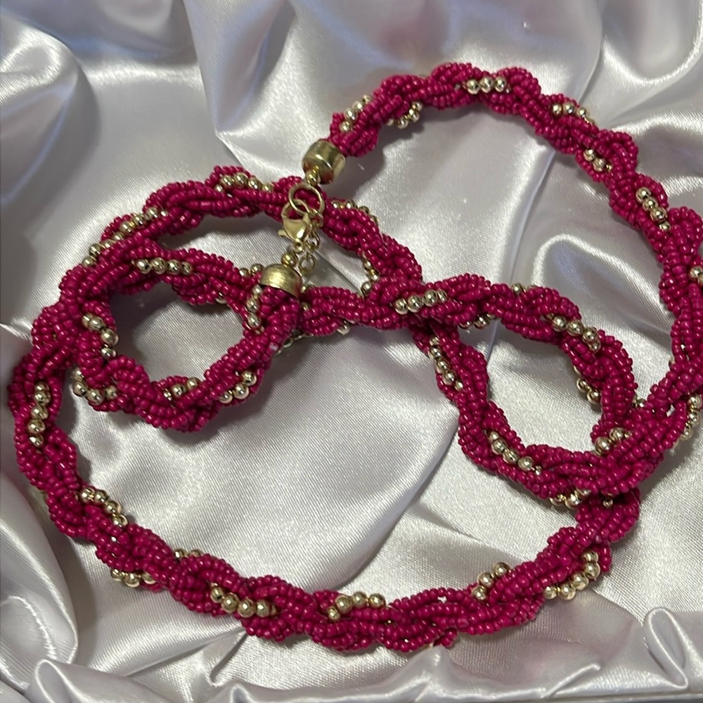 Necklace - 30” Fuchsia Glass Seed Beads  
in Gold Tone